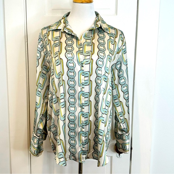 ZARA CREAM SEAFOAM CHAIN LINK BUTTON DOWN BLOUSE SIZE LARGE - Picture 1 of 4
